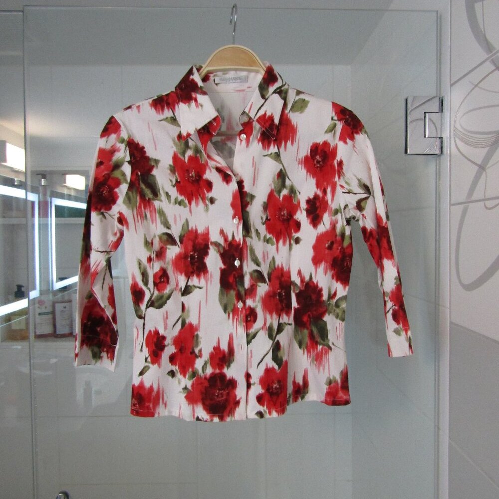 NARACAMICIE Italy Red Abstract Print Cotton Button Down Shirt Blouse--Size Small